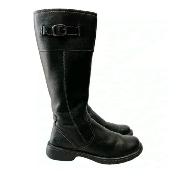 Born Shoes - BORN Leather Riding Boots Tall Knee High Equestrian Buckle Black Size 6.5 EU37